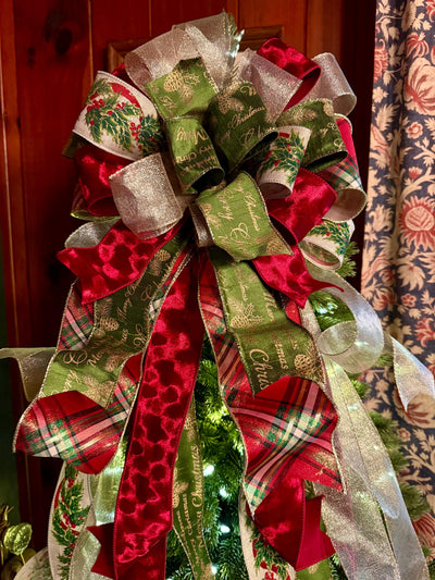 The Bridgette Red & Green Velvet Christmas Tree Topper Bow, Red gold long streamer bow, XL gold christmas tree bow, large bow for wreaths
