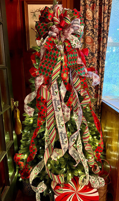 The Marisol Red & Green Bow, Glitter Polka Dot Bow, Luxury Bow, XL red christmas tree bow, whimsical bow, Christmas Tree Topper