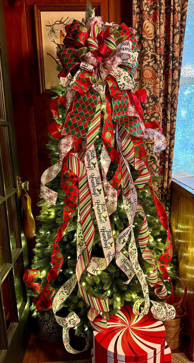 The Marisol Red & Green Bow, Glitter Polka Dot Bow, Luxury Bow, XL red christmas tree bow, whimsical bow, Christmas Tree Topper