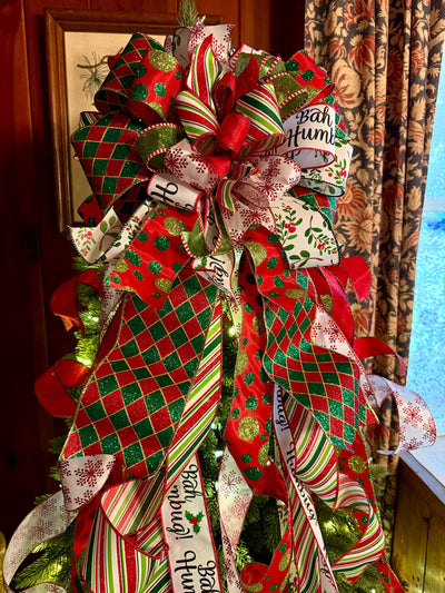 The Marisol Red & Green Bow, Glitter Polka Dot Bow, Luxury Bow, XL red christmas tree bow, whimsical bow, Christmas Tree Topper