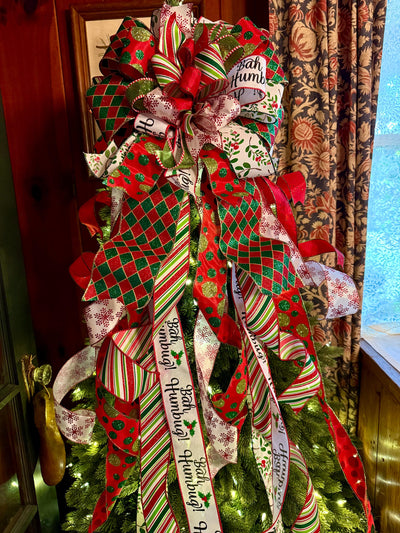 The Marisol Red & Green Bow, Glitter Polka Dot Bow, Luxury Bow, XL red christmas tree bow, whimsical bow, Christmas Tree Topper
