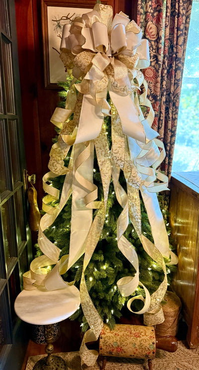 The Presley Cream & Gold Christmas Tree Topper Bow, luxury ribbon topper, XL bow topper for christmas tree, warm white big bow