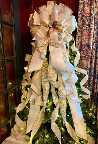 The Presley Cream & Gold Christmas Tree Topper Bow, luxury ribbon topper, XL bow topper for christmas tree, warm white big bow
