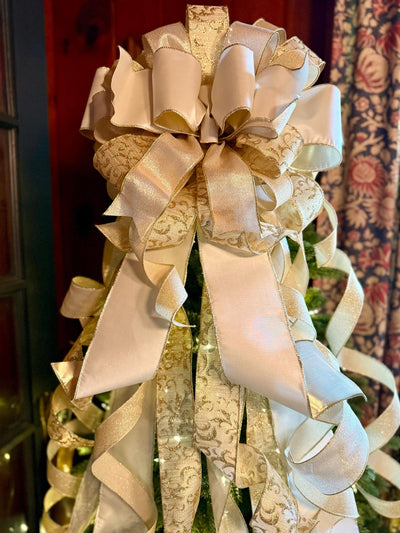 The Presley Cream & Gold Christmas Tree Topper Bow, luxury ribbon topper, XL bow topper for christmas tree, warm white big bow