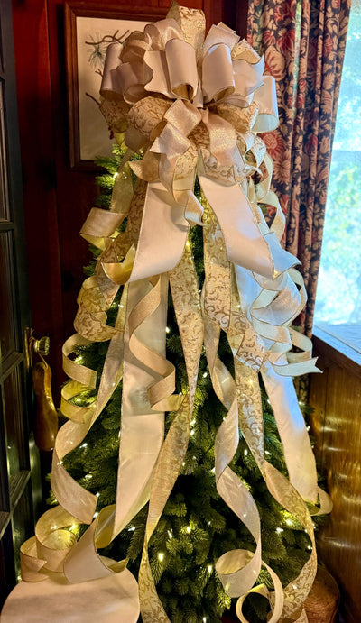The Presley Cream & Gold Christmas Tree Topper Bow, luxury ribbon topper, XL bow topper for christmas tree, warm white big bow