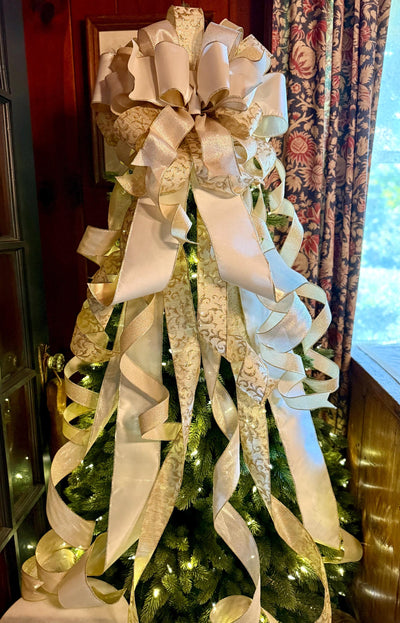 The Presley Cream & Gold Christmas Tree Topper Bow, luxury ribbon topper, XL bow topper for christmas tree, warm white big bow