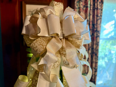 The Presley Cream & Gold Christmas Tree Topper Bow, luxury ribbon topper, XL bow topper for christmas tree, warm white big bow