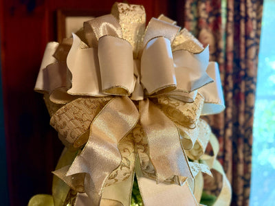The Presley Cream & Gold Christmas Tree Topper Bow, luxury ribbon topper, XL bow topper for christmas tree, warm white big bow