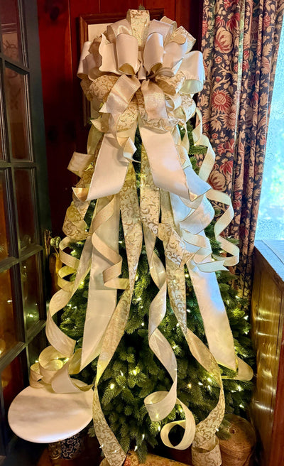 The Presley Cream & Gold Christmas Tree Topper Bow, luxury ribbon topper, XL bow topper for christmas tree, warm white big bow