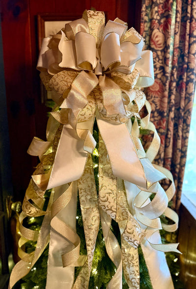 The Presley Cream & Gold Christmas Tree Topper Bow, luxury ribbon topper, XL bow topper for christmas tree, warm white big bow