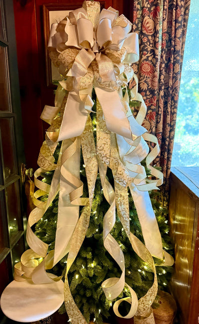 The Presley Cream & Gold Christmas Tree Topper Bow, luxury ribbon topper, XL bow topper for christmas tree, warm white big bow