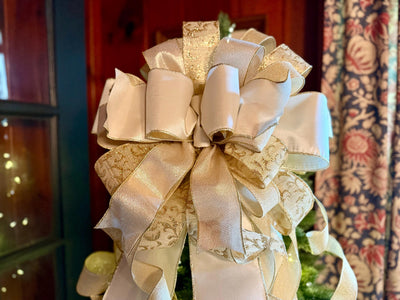 The Presley Cream & Gold Christmas Tree Topper Bow, luxury ribbon topper, XL bow topper for christmas tree, warm white big bow