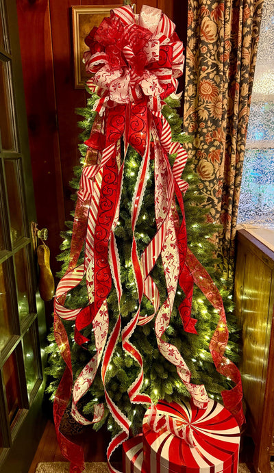 The Bess Red White Christmas Tree Topper Bow, XL Peppermint Bow, Long Streamer bow, candy cane bow, Christmas tree bow