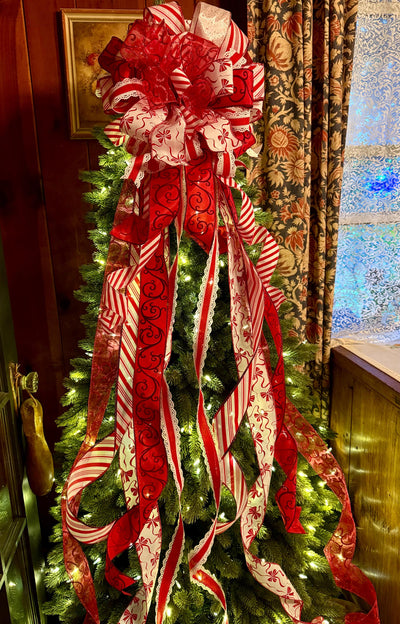 The Bess Red White Christmas Tree Topper Bow, XL Peppermint Bow, Long Streamer bow, candy cane bow, Christmas tree bow