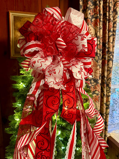 The Bess Red White Christmas Tree Topper Bow, XL Peppermint Bow, Long Streamer bow, candy cane bow, Christmas tree bow