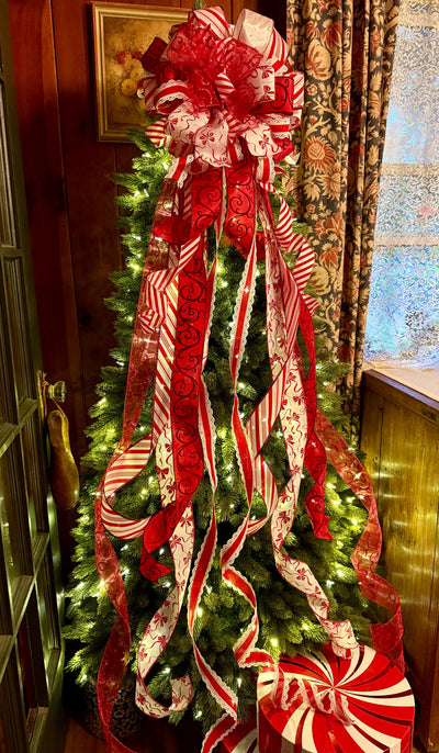 The Bess Red White Christmas Tree Topper Bow, XL Peppermint Bow, Long Streamer bow, candy cane bow, Christmas tree bow