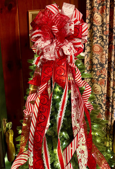 The Bess Red White Christmas Tree Topper Bow, XL Peppermint Bow, Long Streamer bow, candy cane bow, Christmas tree bow