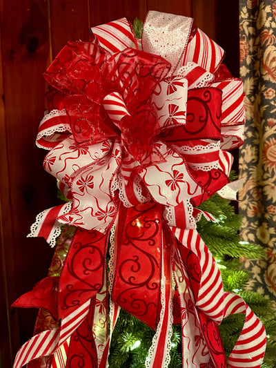The Bess Red White Christmas Tree Topper Bow, XL Peppermint Bow, Long Streamer bow, candy cane bow, Christmas tree bow