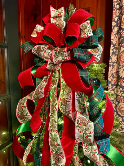 The Whitley Red Green and Gold Christmas Tree Topper Bow, XL Luxury Xmas Decor, Big red green bow, long streamer bow for tree