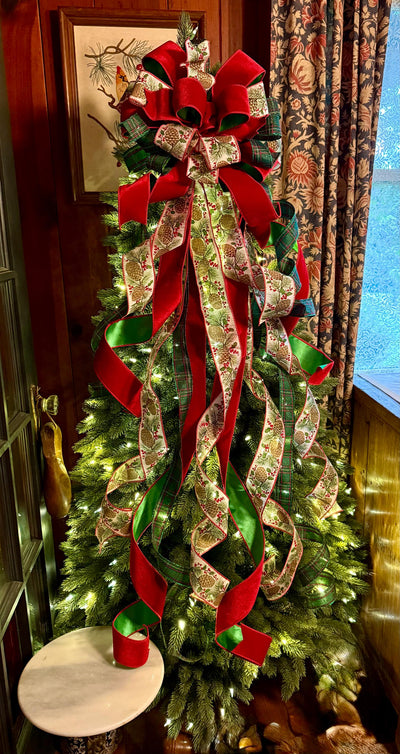 The Whitley Red Green and Gold Christmas Tree Topper Bow, XL Luxury Xmas Decor, Big red green bow, long streamer bow for tree