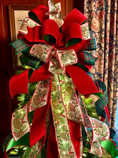The Whitley Red Green and Gold Christmas Tree Topper Bow, XL Luxury Xmas Decor, Big red green bow, long streamer bow for tree