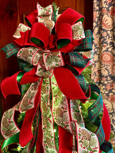 The Whitley Red Green and Gold Christmas Tree Topper Bow, XL Luxury Xmas Decor, Big red green bow, long streamer bow for tree
