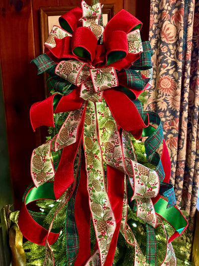 The Whitley Red Green and Gold Christmas Tree Topper Bow, XL Luxury Xmas Decor, Big red green bow, long streamer bow for tree