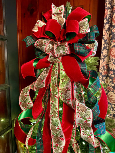 The Whitley Red Green and Gold Christmas Tree Topper Bow, XL Luxury Xmas Decor, Big red green bow, long streamer bow for tree