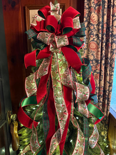 The Whitley Red Green and Gold Christmas Tree Topper Bow, XL Luxury Xmas Decor, Big red green bow, long streamer bow for tree