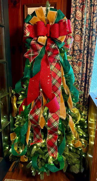 The Gem Red Green& Gold Elegant Christmas Tree Topper Bow, xxxl bow, big bow for tree, XL long streamer, christmas decor, tree trimming bow