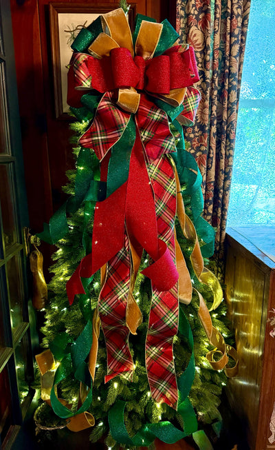 The Gem Red Green& Gold Elegant Christmas Tree Topper Bow, xxxl bow, big bow for tree, XL long streamer, christmas decor, tree trimming bow