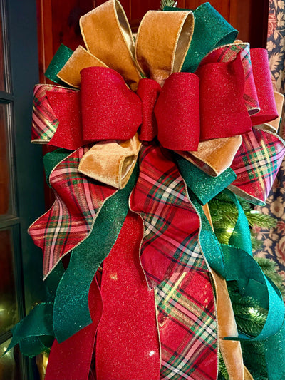 The Gem Red Green& Gold Elegant Christmas Tree Topper Bow, xxxl bow, big bow for tree, XL long streamer, christmas decor, tree trimming bow