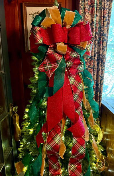 The Gem Red Green& Gold Elegant Christmas Tree Topper Bow, xxxl bow, big bow for tree, XL long streamer, christmas decor, tree trimming bow