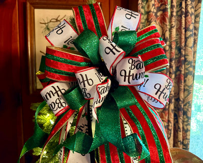The Ebenezer Red Black Green & White Christmas Tree Topper Bow, Tree trimming bow, Xmas bow, whimsical bow, ribbon topper, long streamer bow
