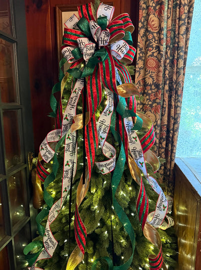 The Ebenezer Red Black Green & White Christmas Tree Topper Bow, Tree trimming bow, Xmas bow, whimsical bow, ribbon topper, long streamer bow