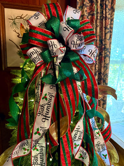 The Ebenezer Red Black Green & White Christmas Tree Topper Bow, Tree trimming bow, Xmas bow, whimsical bow, ribbon topper, long streamer bow