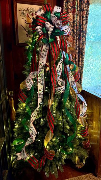 The Ebenezer Red Black Green & White Christmas Tree Topper Bow, Tree trimming bow, Xmas bow, whimsical bow, ribbon topper, long streamer bow