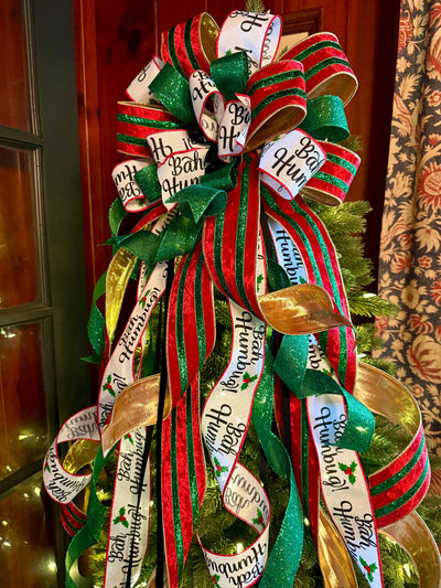 The Ebenezer Red Black Green & White Christmas Tree Topper Bow, Tree trimming bow, Xmas bow, whimsical bow, ribbon topper, long streamer bow
