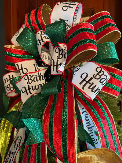 The Ebenezer Red Black Green & White Christmas Tree Topper Bow, Tree trimming bow, Xmas bow, whimsical bow, ribbon topper, long streamer bow