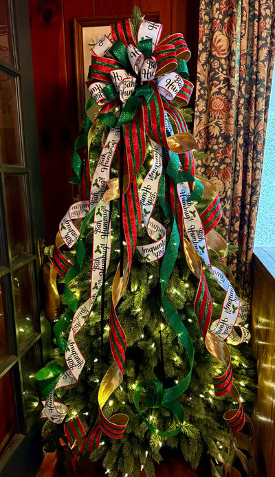 The Ebenezer Red Black Green & White Christmas Tree Topper Bow, Tree trimming bow, Xmas bow, whimsical bow, ribbon topper, long streamer bow