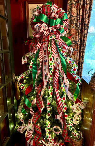 The Antonio Red & Green Christmas Tree Topper Bow, XL Luxury Bow, long streamer bow for tree, Christmas tree bow, Nutcracker bow for tree