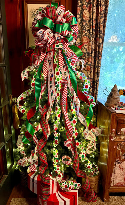 The Antonio Red & Green Christmas Tree Topper Bow, XL Luxury Bow, long streamer bow for tree, Christmas tree bow, Nutcracker bow for tree