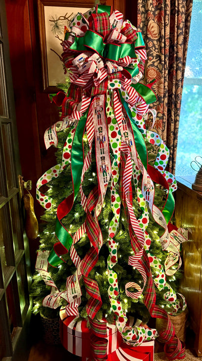 The Antonio Red & Green Christmas Tree Topper Bow, XL Luxury Bow, long streamer bow for tree, Christmas tree bow, Nutcracker bow for tree