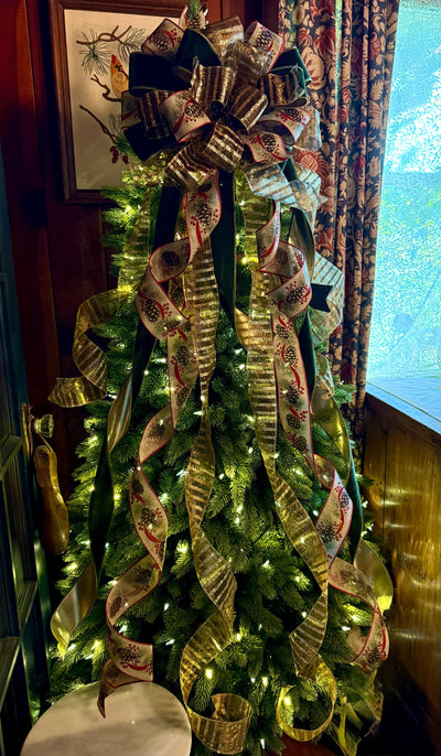 The Nora Green & Gold Christmas Tree Topper Bow, XL Velvet Luxury Ribbon Topper, Velvet bow for tree, big christmas bow