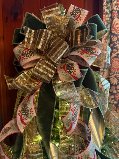 The Nora Green & Gold Christmas Tree Topper Bow, XL Velvet Luxury Ribbon Topper, Velvet bow for tree, big christmas bow