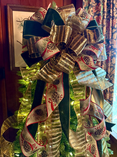 The Nora Green & Gold Christmas Tree Topper Bow, XL Velvet Luxury Ribbon Topper, Velvet bow for tree, big christmas bow