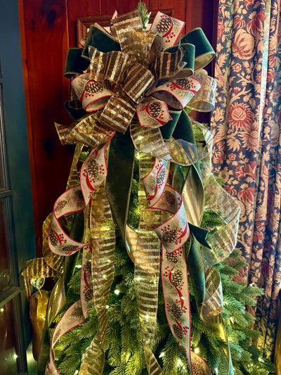 The Nora Green & Gold Christmas Tree Topper Bow, XL Velvet Luxury Ribbon Topper, Velvet bow for tree, big christmas bow