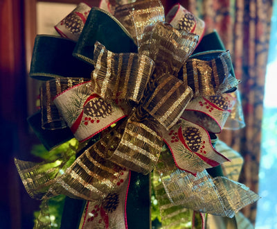 The Nora Green & Gold Christmas Tree Topper Bow, XL Velvet Luxury Ribbon Topper, Velvet bow for tree, big christmas bow