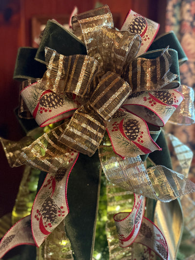 The Nora Green & Gold Christmas Tree Topper Bow, XL Velvet Luxury Ribbon Topper, Velvet bow for tree, big christmas bow