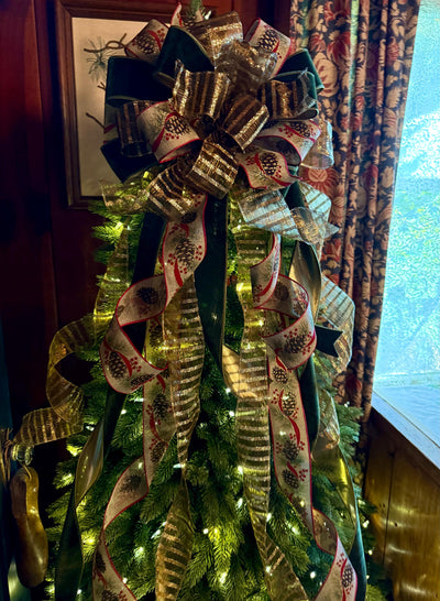The Nora Green & Gold Christmas Tree Topper Bow, XL Velvet Luxury Ribbon Topper, Velvet bow for tree, big christmas bow